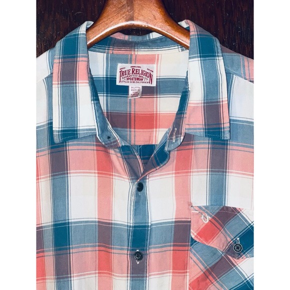 TRUE RELIGION SHIRT BLUE PINK CREAM PLAID LONG SLEEVE SLIM FIT 2XL XXL - Picture 1 of 5